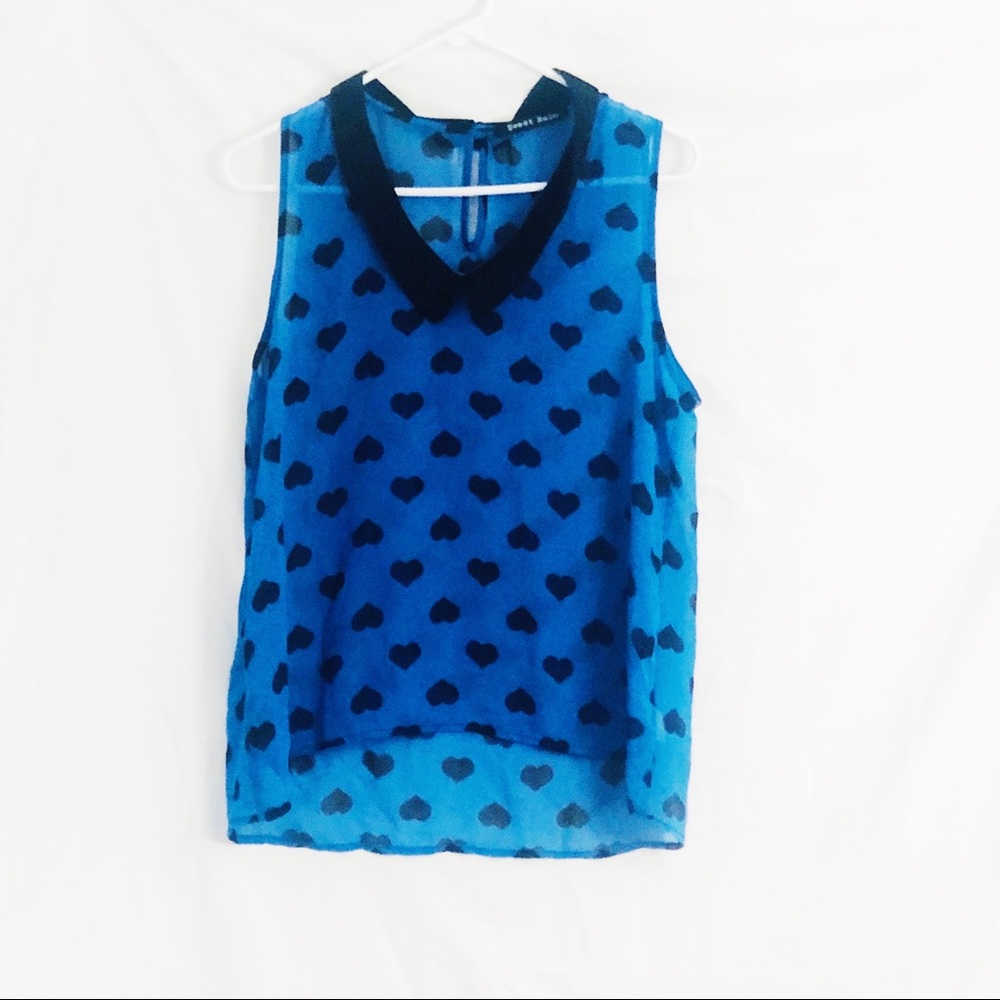 Sweet Rain Blue & Black Heart Sheer Blouse Large